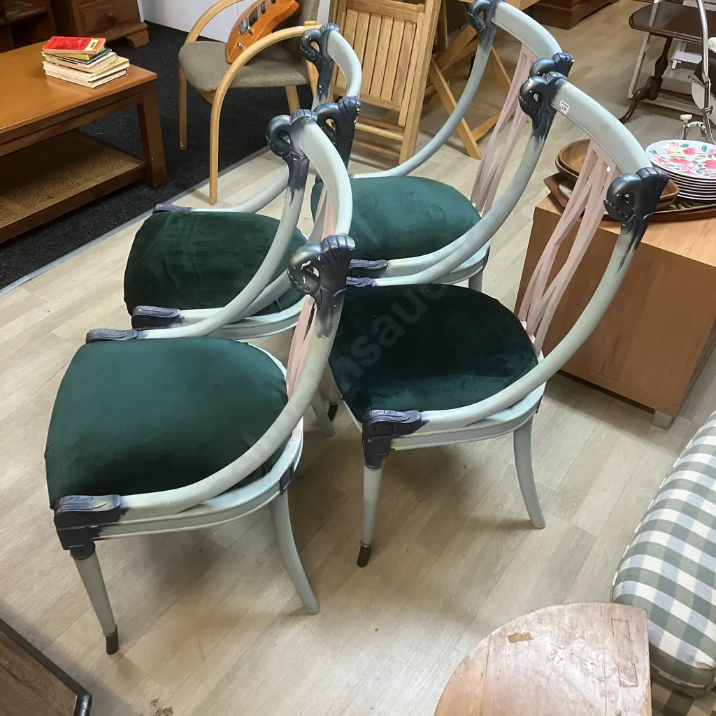Set of Four Handpainted Side Chairs With Emerald Green Upholstered Seats Image 1++