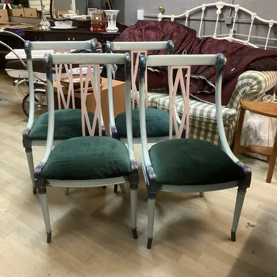Set of Four Handpainted Side Chairs With Emerald Green Upholstered Seats