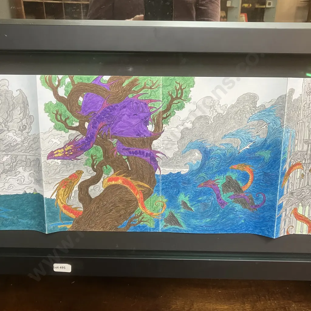 Hand Coloured John Howe’s Draconis, Framed 35 x 146cm Image 1++