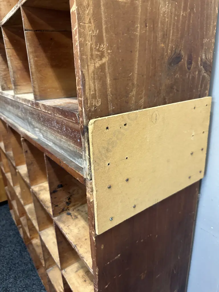 Vintage Industrial Wooden Pigeon Hole Cabinet, On Wheels, 2 Piece. H207 W150 D38cm (Borer Holes) Image 1++
