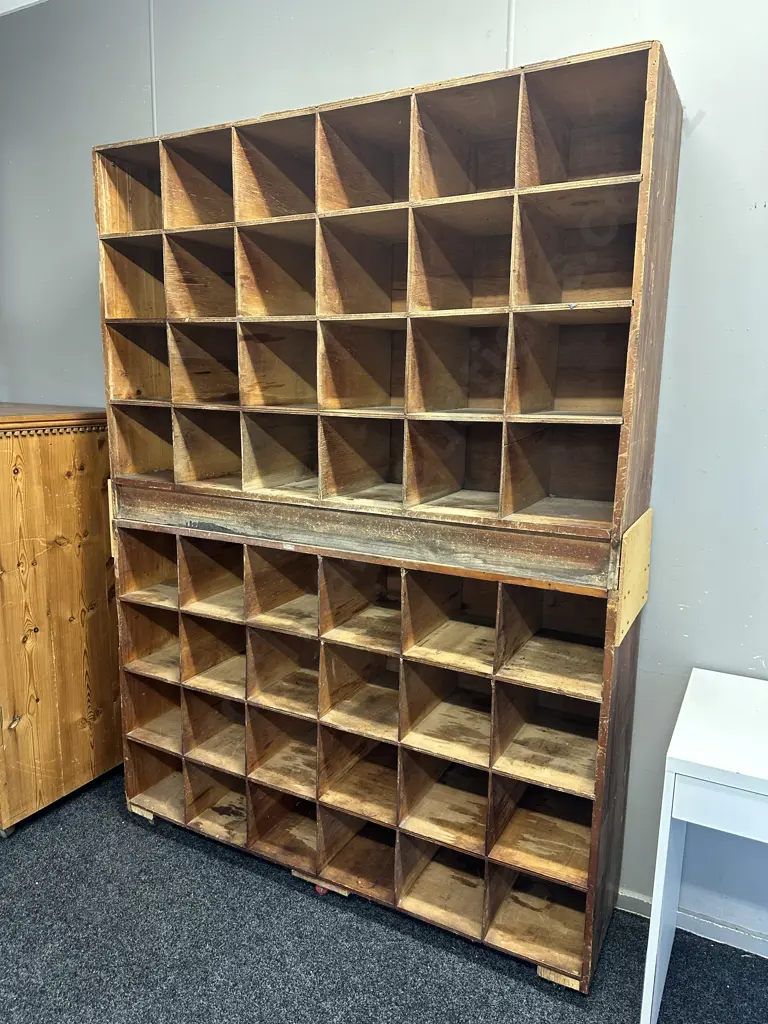 Vintage Industrial Wooden Pigeon Hole Cabinet, On Wheels, 2 Piece. H207 W150 D38cm (Borer Holes) Image 1++