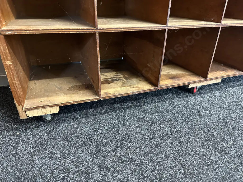 Vintage Industrial Wooden Pigeon Hole Cabinet, On Wheels, 2 Piece. H207 W150 D38cm (Borer Holes) Image 1++