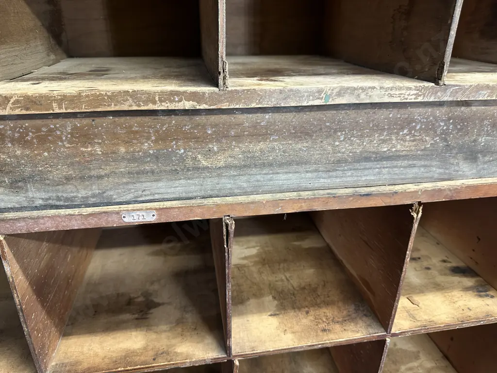 Vintage Industrial Wooden Pigeon Hole Cabinet, On Wheels, 2 Piece. H207 W150 D38cm (Borer Holes) Image 1++