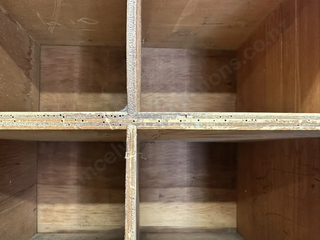 Vintage Industrial Wooden Pigeon Hole Cabinet, On Wheels, 2 Piece. H207 W150 D38cm (Borer Holes) Image 1++