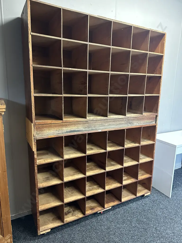 Vintage Industrial Wooden Pigeon Hole Cabinet, On Wheels, 2 Piece. H207 W150 D38cm (Borer Holes) Image 1++