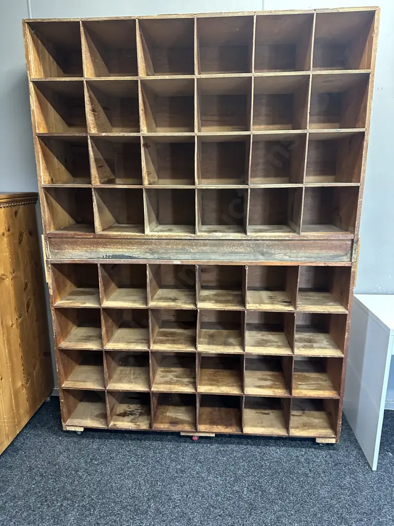 Vintage Industrial Wooden Pigeon Hole Cabinet, On Wheels, 2 Piece. H207 W150 D38cm (Borer Holes) Image 1++
