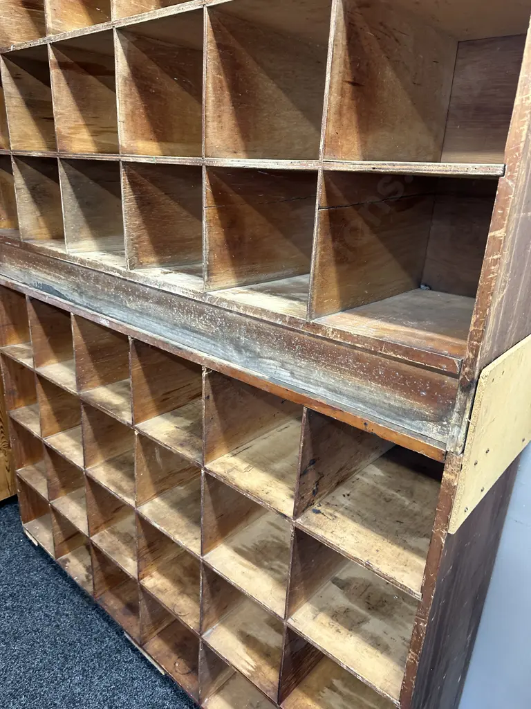 Vintage Industrial Wooden Pigeon Hole Cabinet, On Wheels, 2 Piece. H207 W150 D38cm (Borer Holes) Image 1++