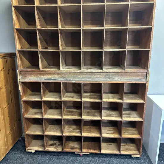 Vintage Industrial Wooden Pigeon Hole Cabinet, On Wheels, 2 Piece. H207 W150 D38cm (Borer Holes)
