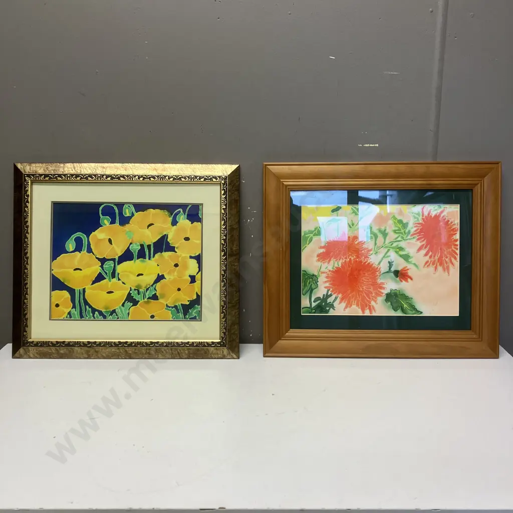 Framed Art - Flowers On Silk. 38 x 44 & 38 x 45cm Image 1++