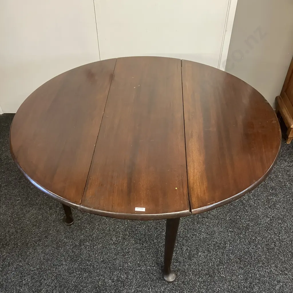 Mahogany Drop Leaf Round Top Table, 4 Cabriole Legs. W38 x 112cm Image 1++