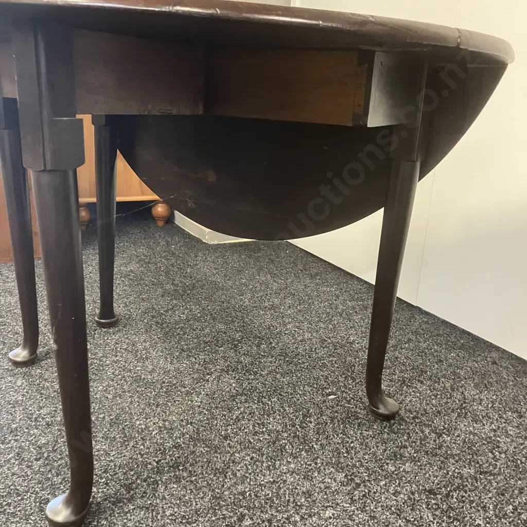 Mahogany Drop Leaf Round Top Table, 4 Cabriole Legs. W38 x 112cm Image 1++