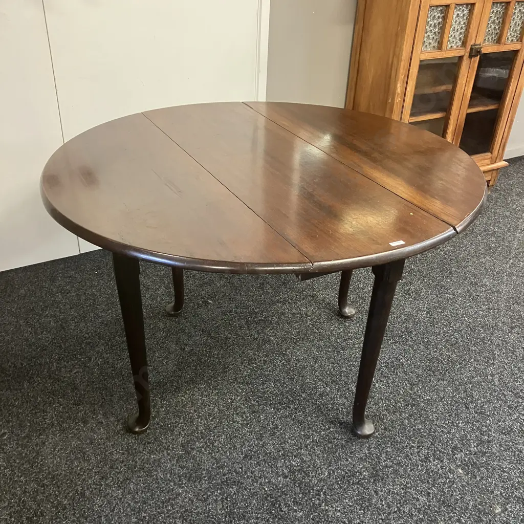 Mahogany Drop Leaf Round Top Table, 4 Cabriole Legs. W38 x 112cm Image 1++