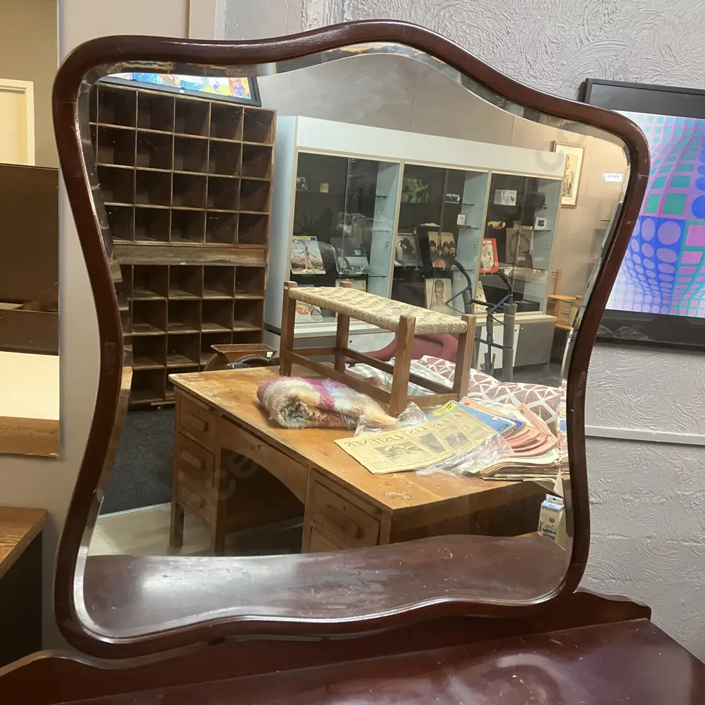 Mahogany Inverted Bow Front 9 Drawer Dressing Table With Inset Bevelled Edge Mirror. H185 W127 D48cm Image 1++