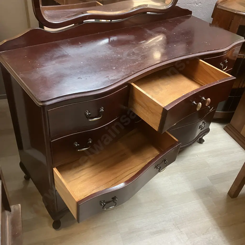 Mahogany Inverted Bow Front 9 Drawer Dressing Table With Inset Bevelled Edge Mirror. H185 W127 D48cm Image 1++