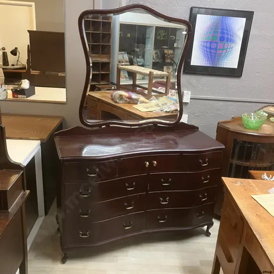 Mahogany Inverted Bow Front 9 Drawer Dressing Table With Inset Bevelled Edge Mirror. H185 W127 D48cm