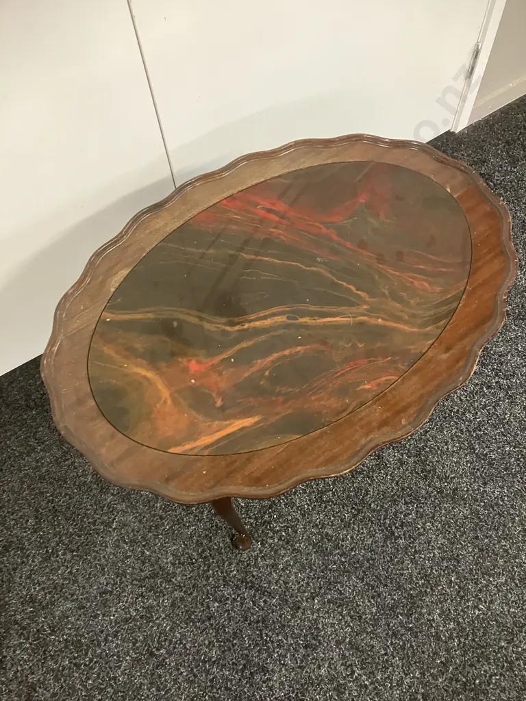 Pie Crust Edge Oval Table With Inlaid Centre. H47 W71 D53cm Image 1++