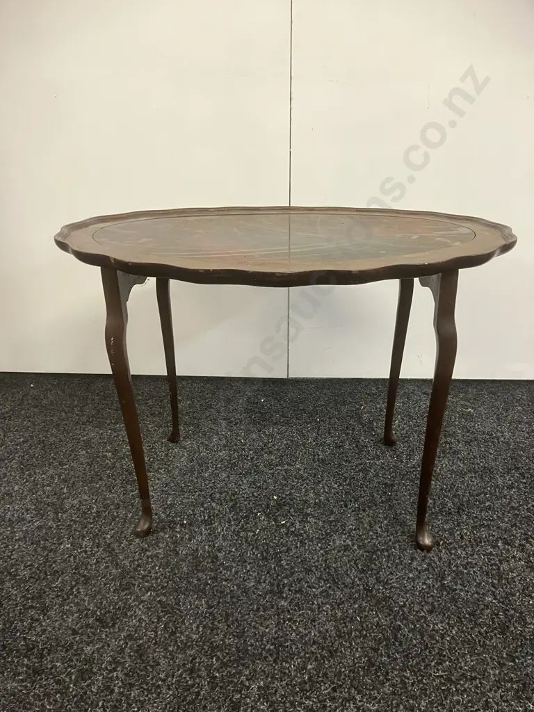 Pie Crust Edge Oval Table With Inlaid Centre. H47 W71 D53cm Image 1++