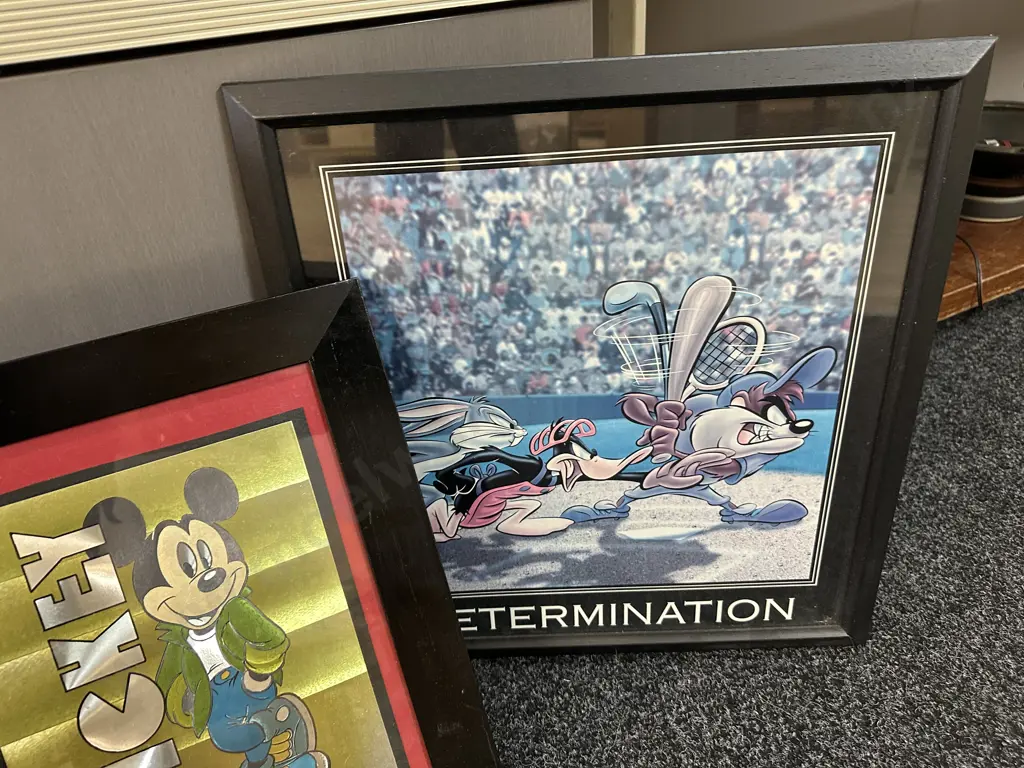 Selection Of Vintage Framed Artwork Including Mickey, Risk & Determination. Image 1++