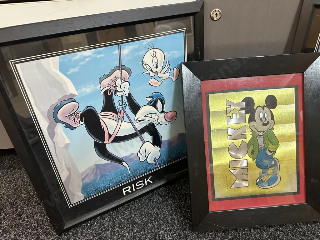 Selection Of Vintage Framed Artwork Including Mickey, Risk & Determination. Image 1++