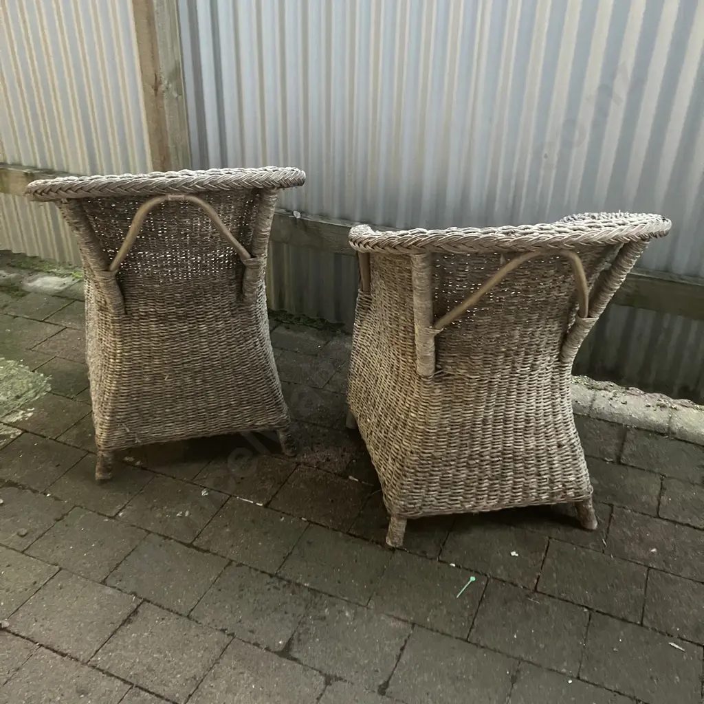 Pair of Woven Rattan & Cane Garden Armchairs With Cushions Image 1++