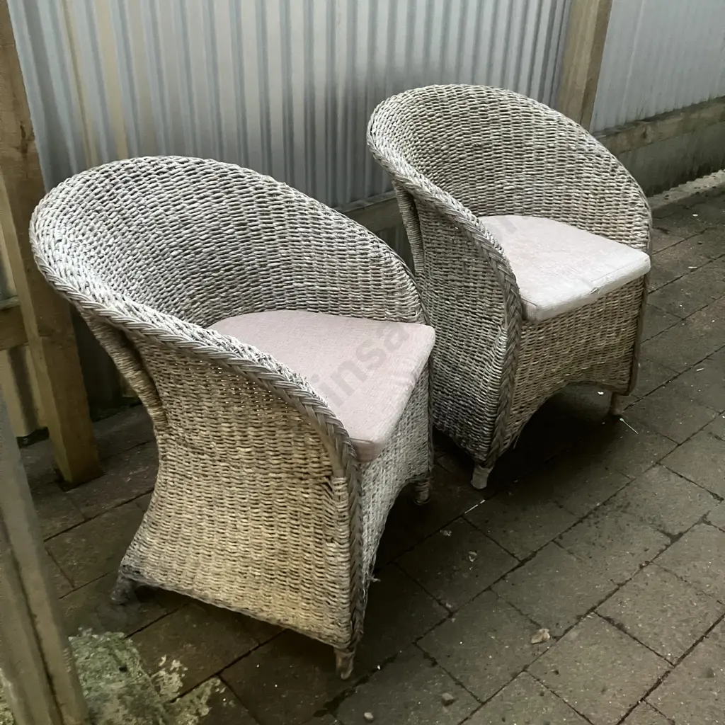 Pair of Woven Rattan & Cane Garden Armchairs With Cushions Image 1++