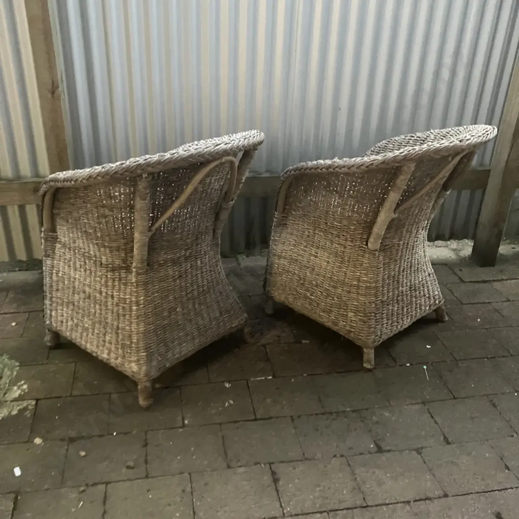 Pair of Woven Rattan & Cane Garden Armchairs With Cushions Image 1++