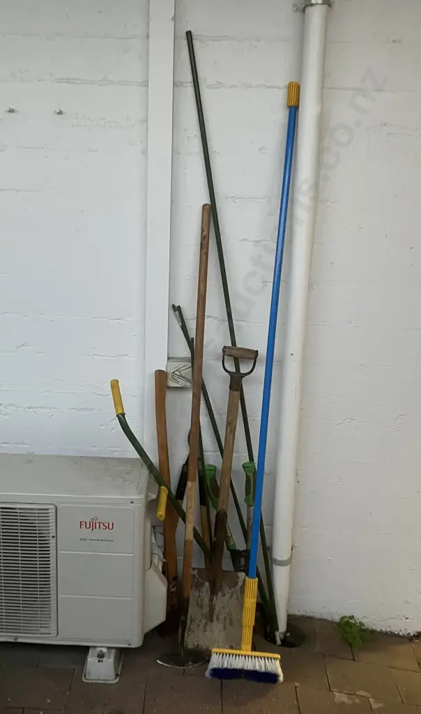 Assorted Garden Tools, House Wash Broom, Axe, Garden Stakes Etc Image 1++