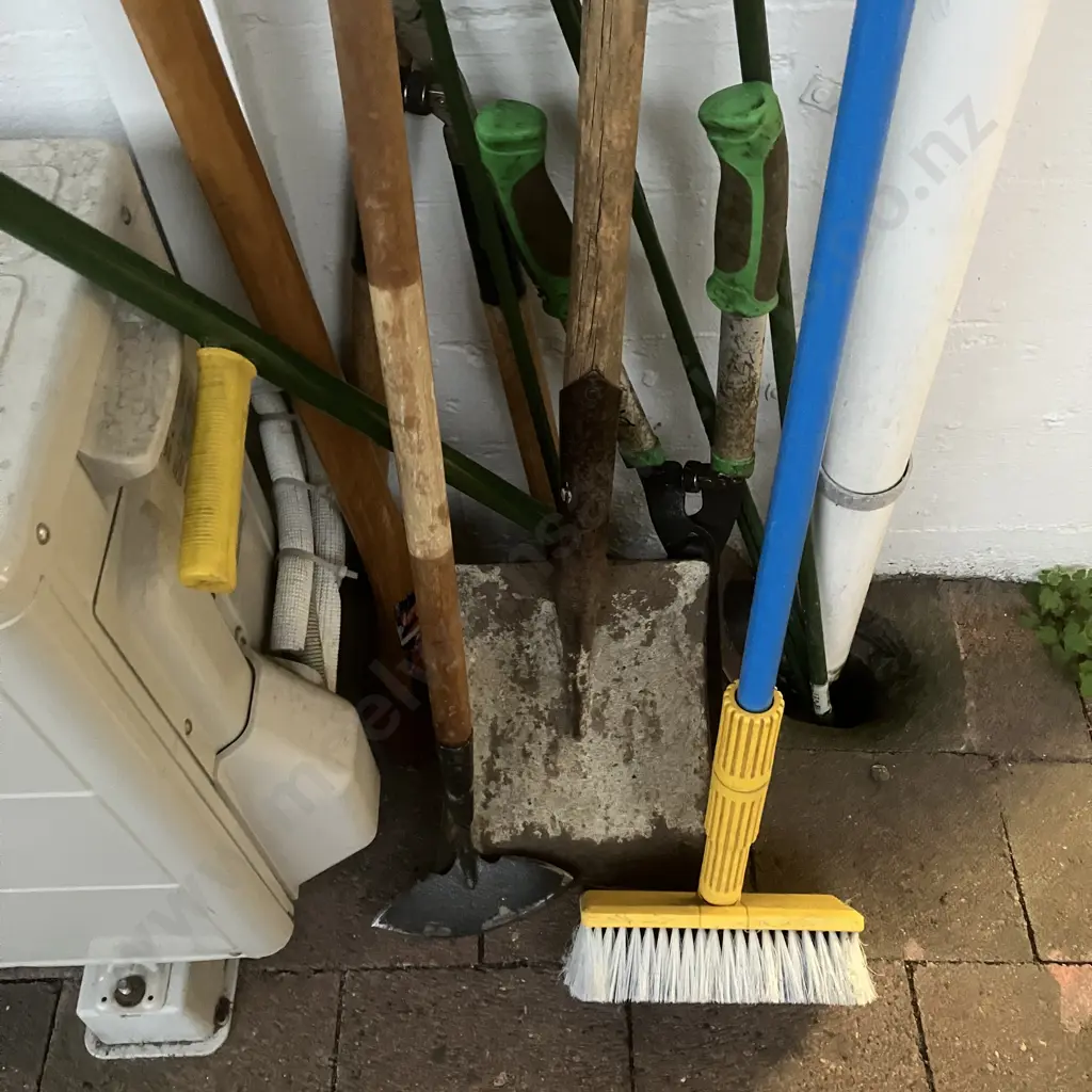 Assorted Garden Tools, House Wash Broom, Axe, Garden Stakes Etc Image 1++