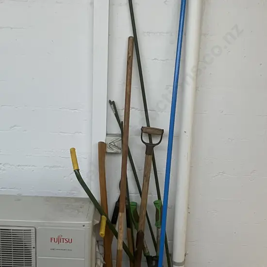 Assorted Garden Tools, House Wash Broom, Axe, Garden Stakes Etc