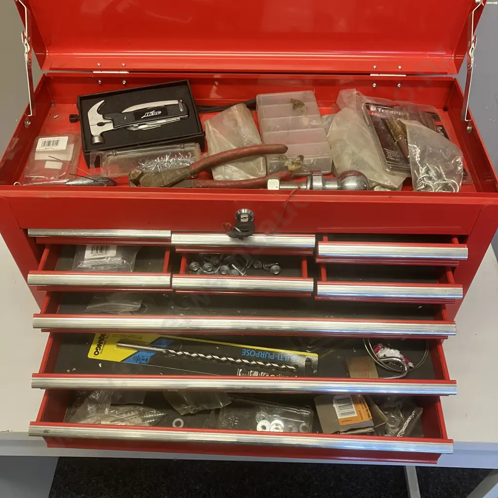 Red Metal Toolbox With Keys, Tools & Hardware. H38 W60 D26cm Image 1++