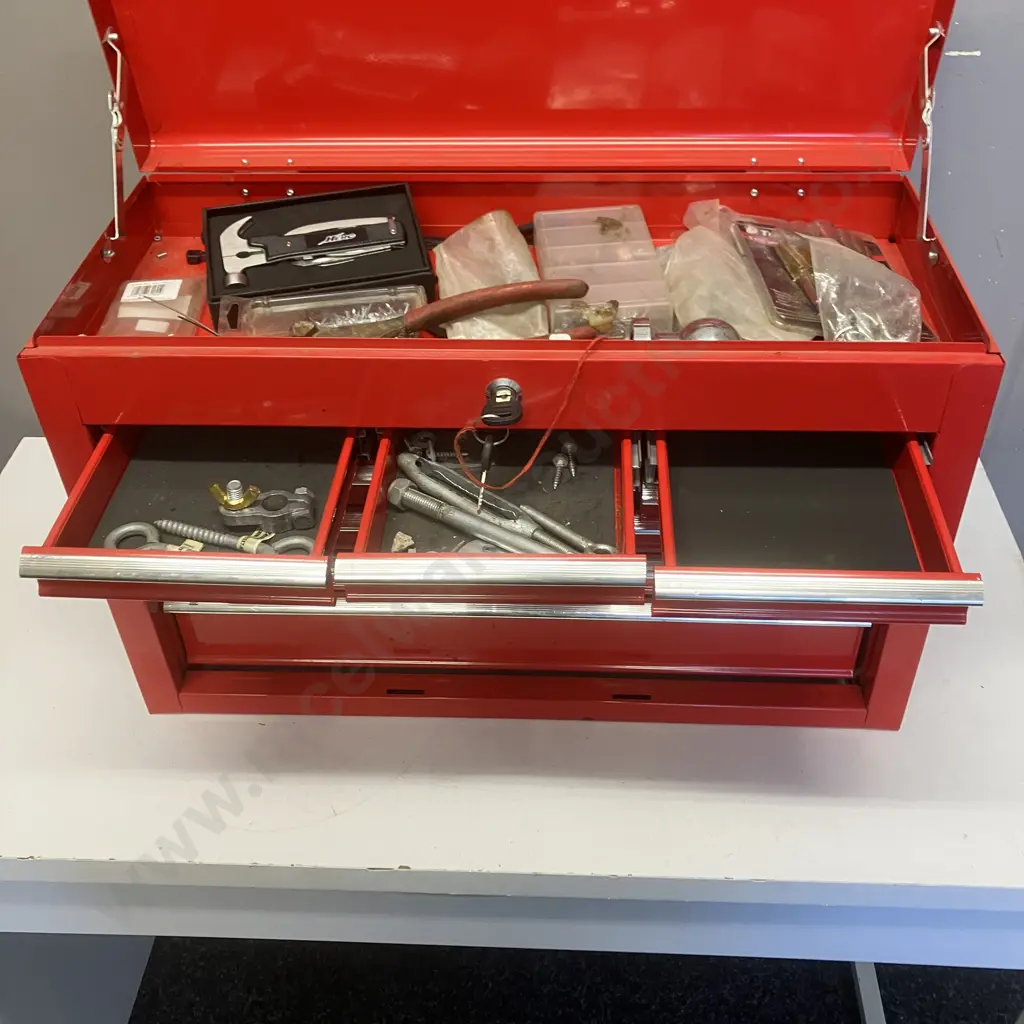 Red Metal Toolbox With Keys, Tools & Hardware. H38 W60 D26cm Image 1++