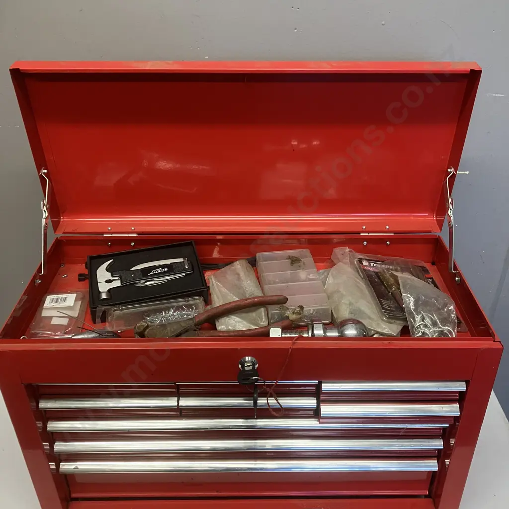 Red Metal Toolbox With Keys, Tools & Hardware. H38 W60 D26cm Image 1++