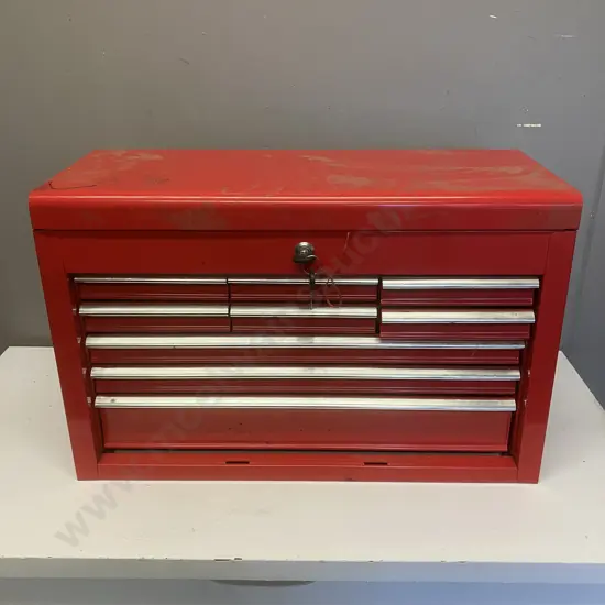 Red Metal Toolbox With Keys, Tools & Hardware. H38 W60 D26cm