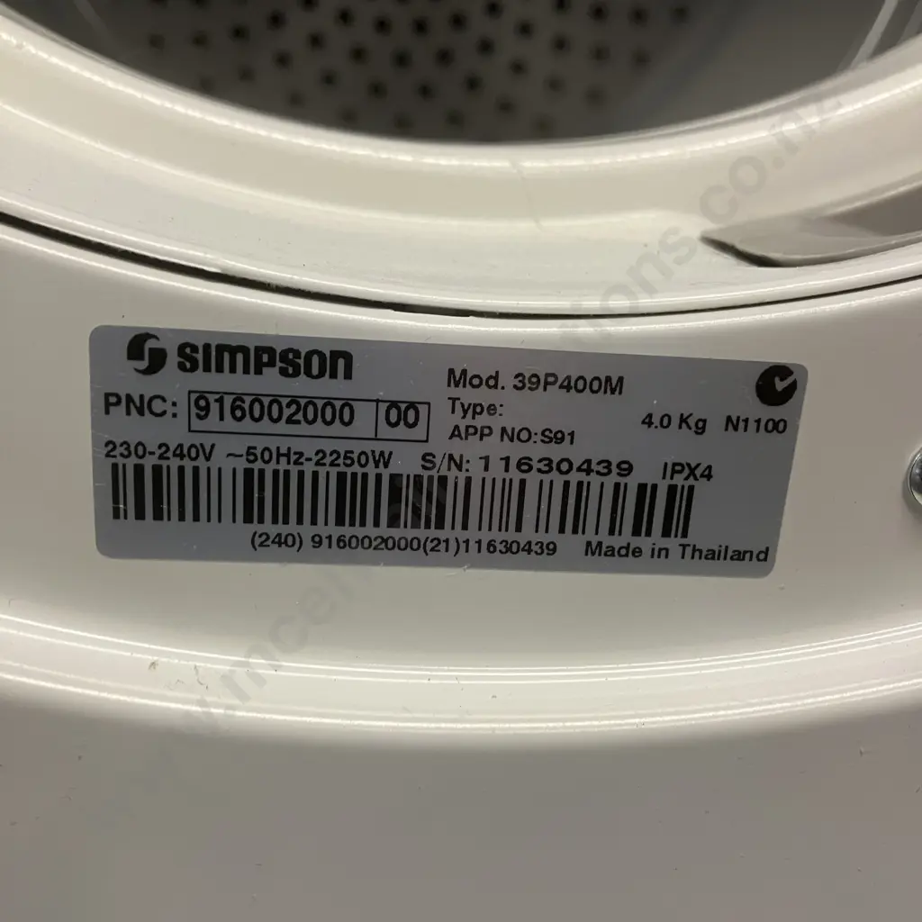 Simpson Eziloader 4Kg Tumble Dryer - Model 39P400M Image 1++