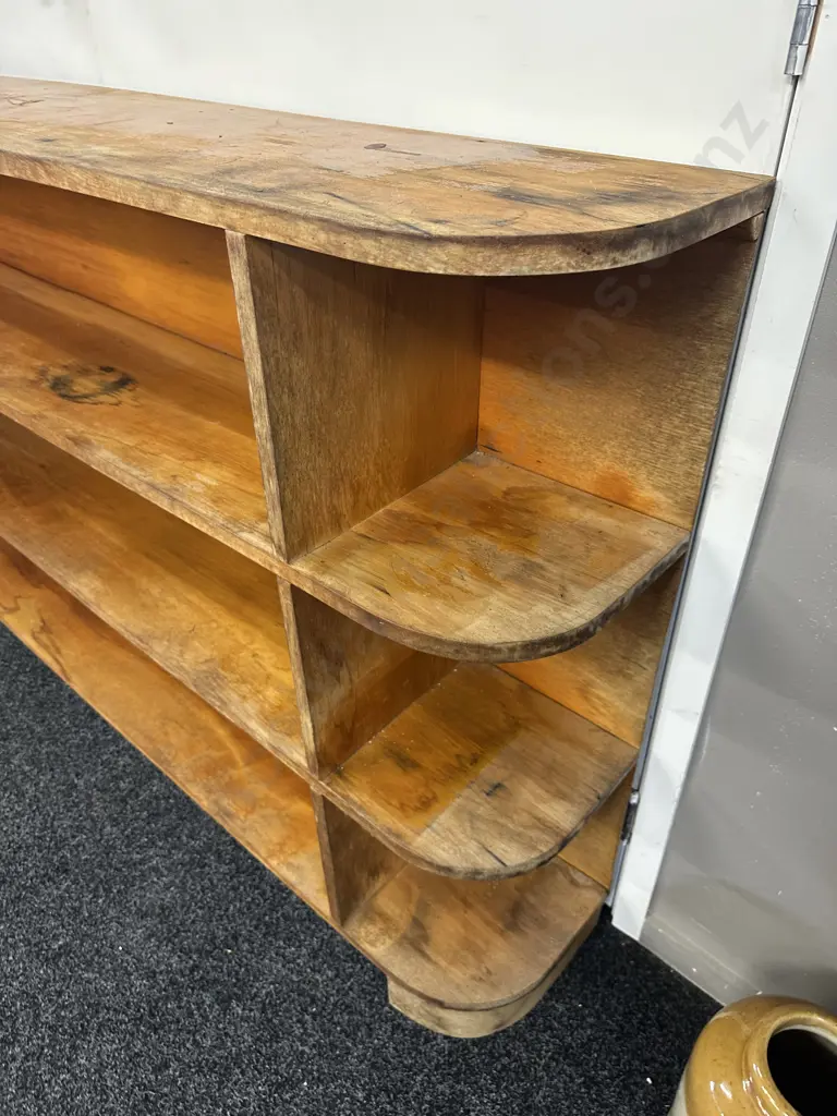 Retro Rimu 3 Tier Bookcase With Curved End. H91 W147 D26cm Image 1++
