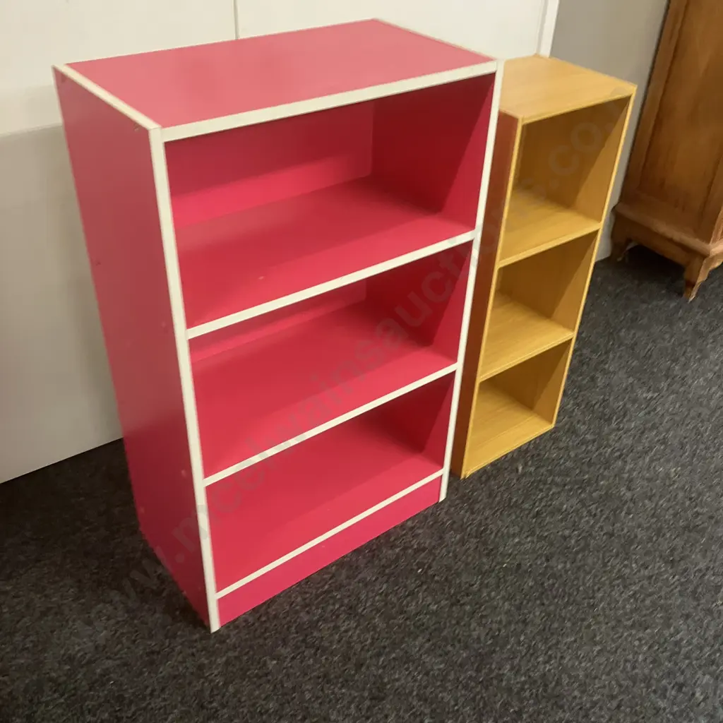 Pink & White Bookcase. H90 W56 D29cm, Tawa Effect Bookcase. H80 W30 D24cm (As Found) Image 1++