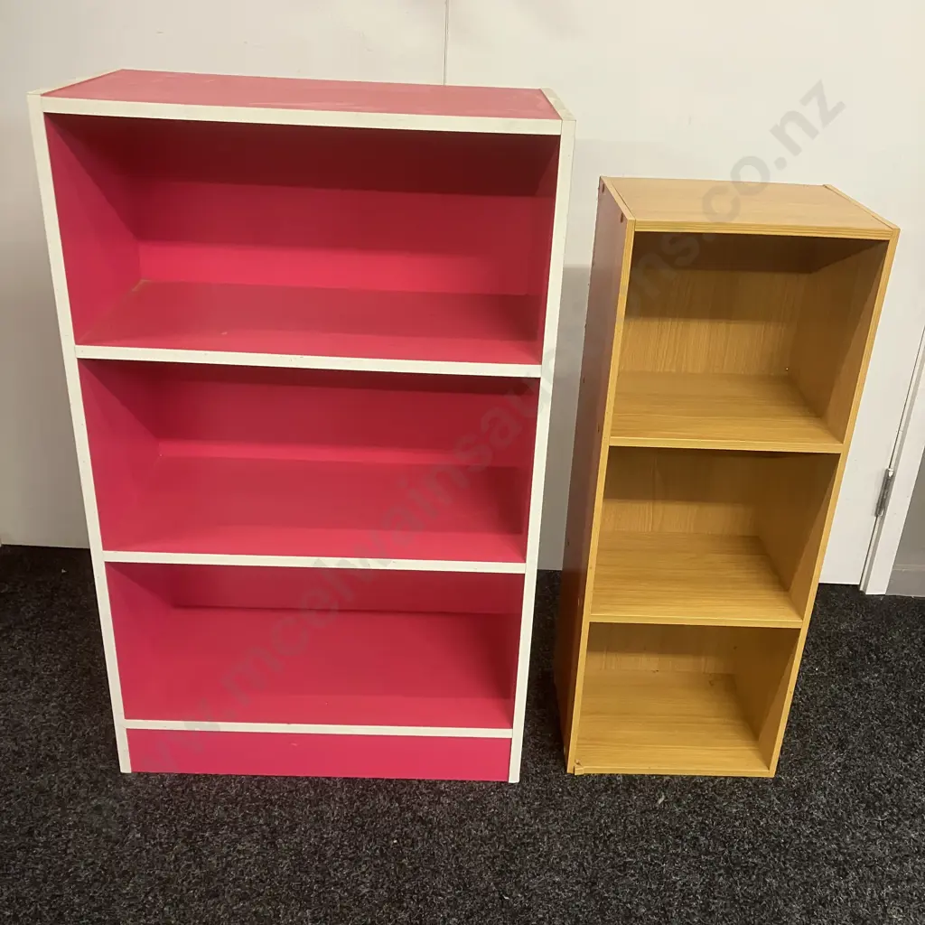 Pink & White Bookcase. H90 W56 D29cm, Tawa Effect Bookcase. H80 W30 D24cm (As Found) Image 1++