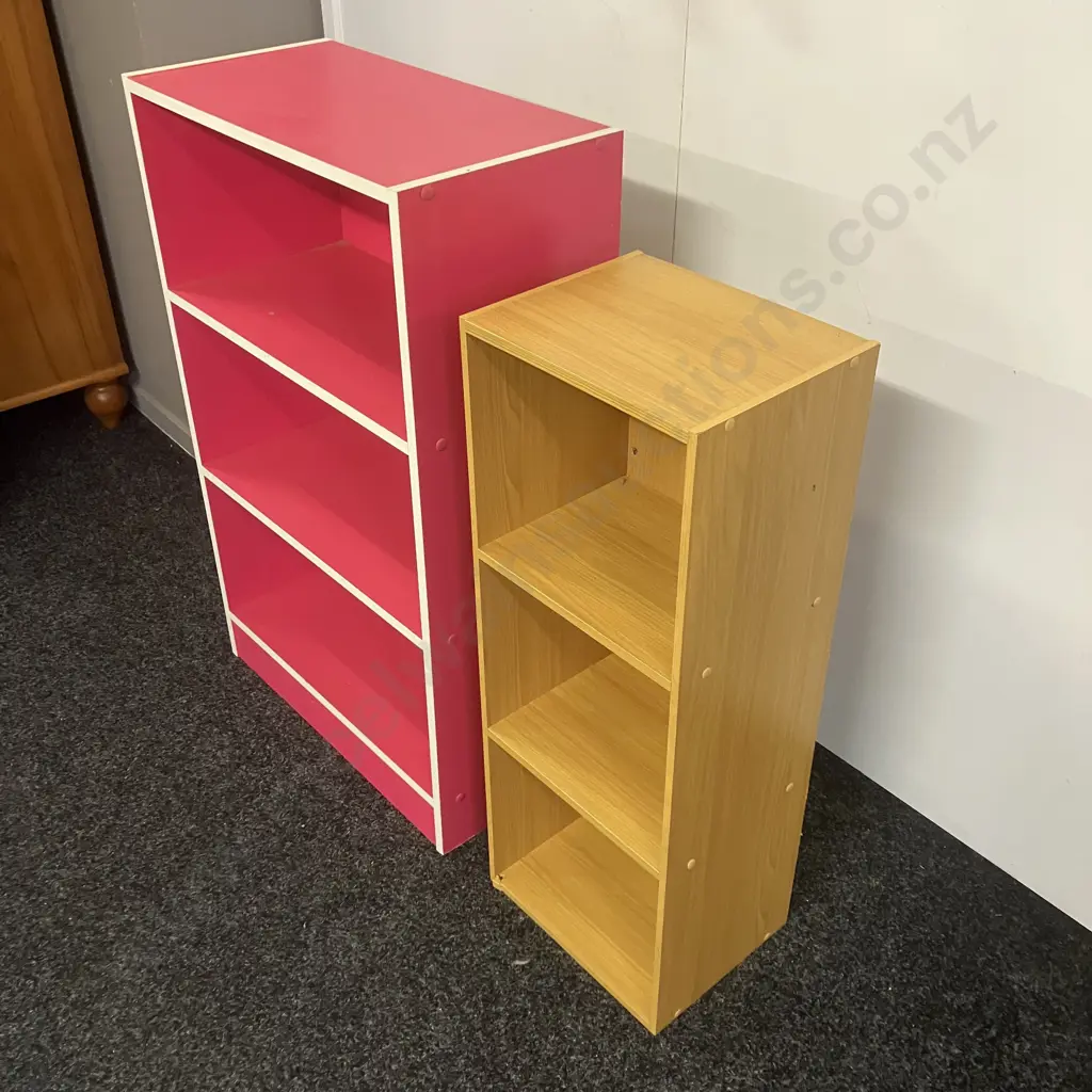 Pink & White Bookcase. H90 W56 D29cm, Tawa Effect Bookcase. H80 W30 D24cm (As Found) Image 1++