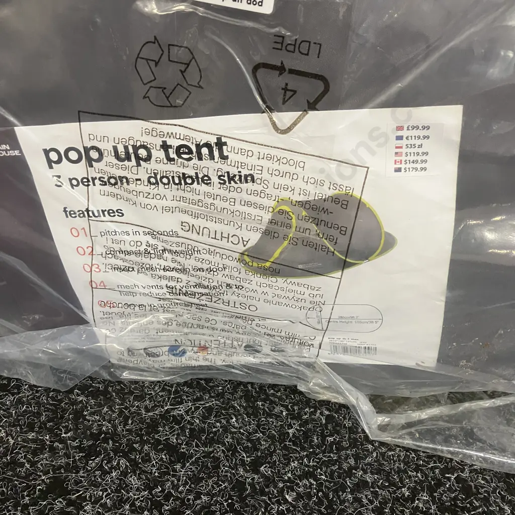 New Pop Up Tent 3 Person - Double Skin, Grey Image 1++