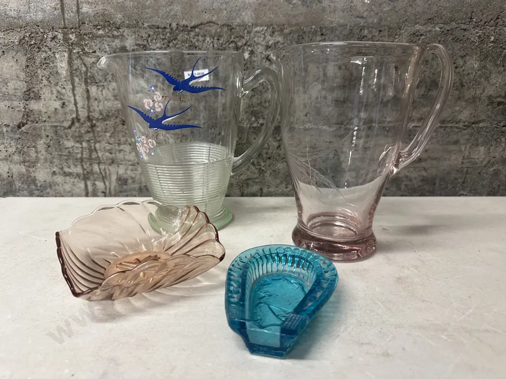 Vintage Drinks Jug, Glassware, Blue Horse Shoe Dish (as found) Etc Image 1++
