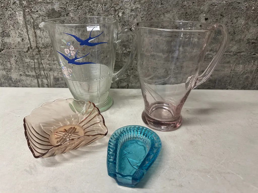 Vintage Drinks Jug, Glassware, Blue Horse Shoe Dish (as found) Etc Image 1++
