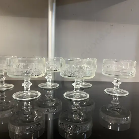 Set Of Six Vintage Retro Clear Stemmed Glasses Fruits & Cherry Design