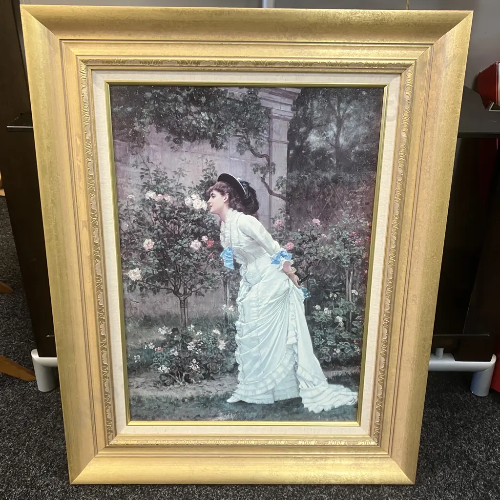 Auguste Toulmouche "A Girl And Roses" Framed Fine Art Print. 83 x 65cm Image 1++