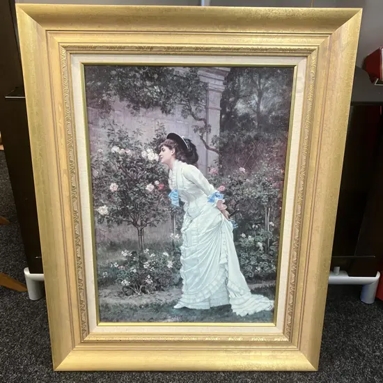 Auguste Toulmouche "A Girl And Roses" Framed Fine Art Print. 83 x 65cm
