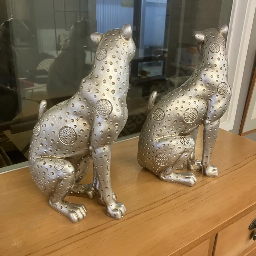 Pair of Silver Colour Leopard Figurines. H34cm Image 1++