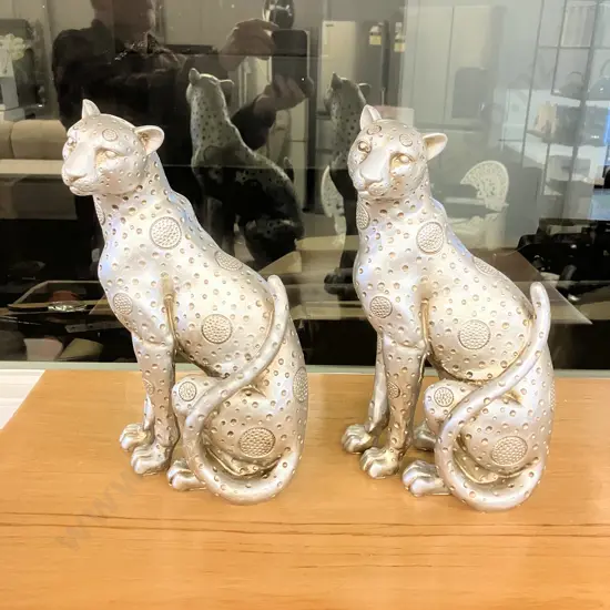 Pair of Silver Colour Leopard Figurines. H34cm