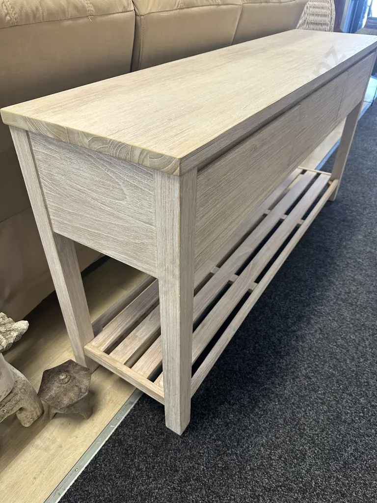Ex Danske Mobler White Washed 3 Drawer Console Table With Slat Shelf At Base. H80 W160 D40cm Image 1++