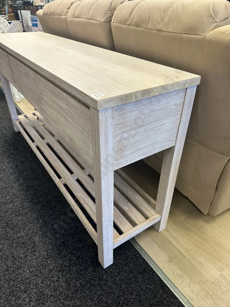 Ex Danske Mobler White Washed 3 Drawer Console Table With Slat Shelf At Base. H80 W160 D40cm Image 1++