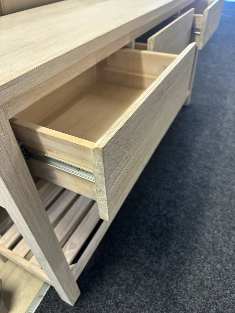 Ex Danske Mobler White Washed 3 Drawer Console Table With Slat Shelf At Base. H80 W160 D40cm Image 1++
