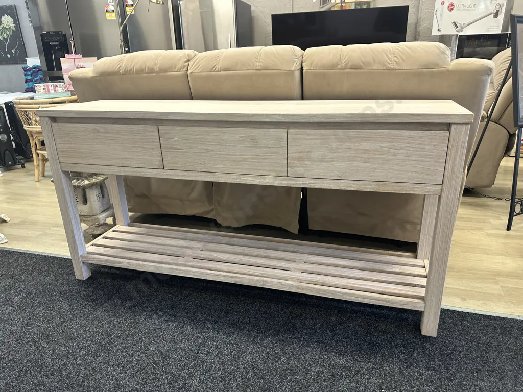 Ex Danske Mobler White Washed 3 Drawer Console Table With Slat Shelf At Base. H80 W160 D40cm Image 1++